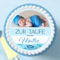 Preview: Essbare Tortendeko Taufe Foto Junge Tortenbild personalisiert blau, mit christlichem Fisch Kreuz Symbol im Wasser, personalisiert nach Wunsch