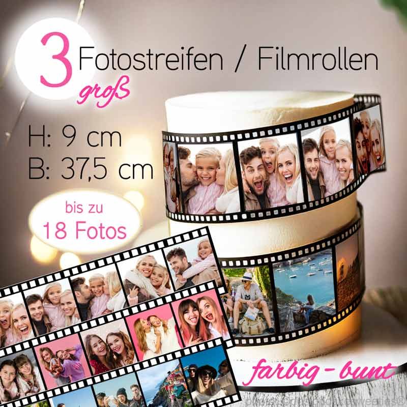 Essbare Filmstreifen Tortenband mit Fotos, Bildern personalisiert als Tortendeko Aufleger Fotostreifen, Bildstreifen groß