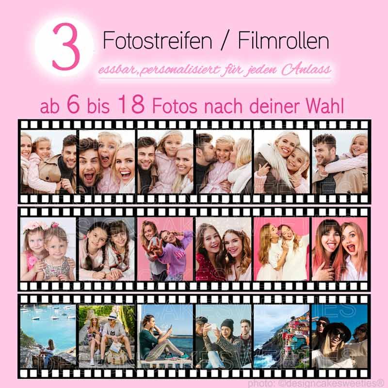 Essbare Filmstreifen Tortenband mit Fotos, Bildern personalisiert als Tortendeko Aufleger Fotostreifen, Bildstreifen bunt groß