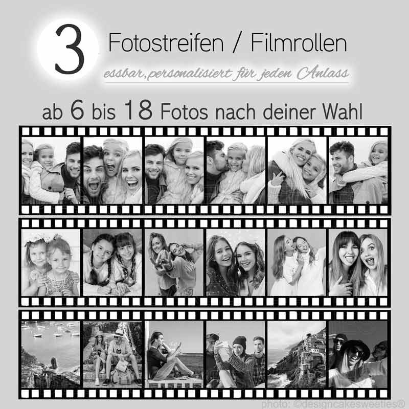 Essbare Filmstreifen Tortenband mit Fotos, Bildern personalisiert als Tortendeko Aufleger Fotostreifen, Tortenbilder schwarz weiß Optik