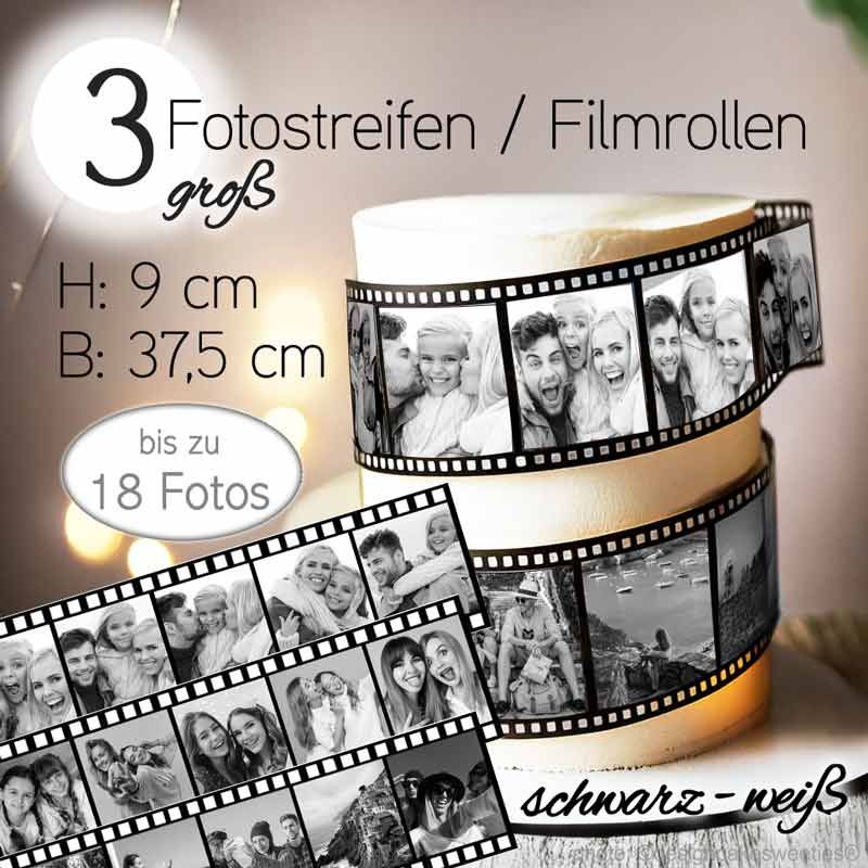 Essbare Filmstreifen Tortenband mit Fotos, Bildern personalisiert als Tortendeko Aufleger Fotostreifen, Bildstreifen schwarz weiß Optik groß