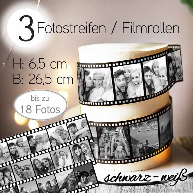 Essbare Filmstreifen Tortenband mit Fotos, Bildern personalisiert als Tortendeko Aufleger Fotostreifen, Bildstreifen schwarz weiß Optik