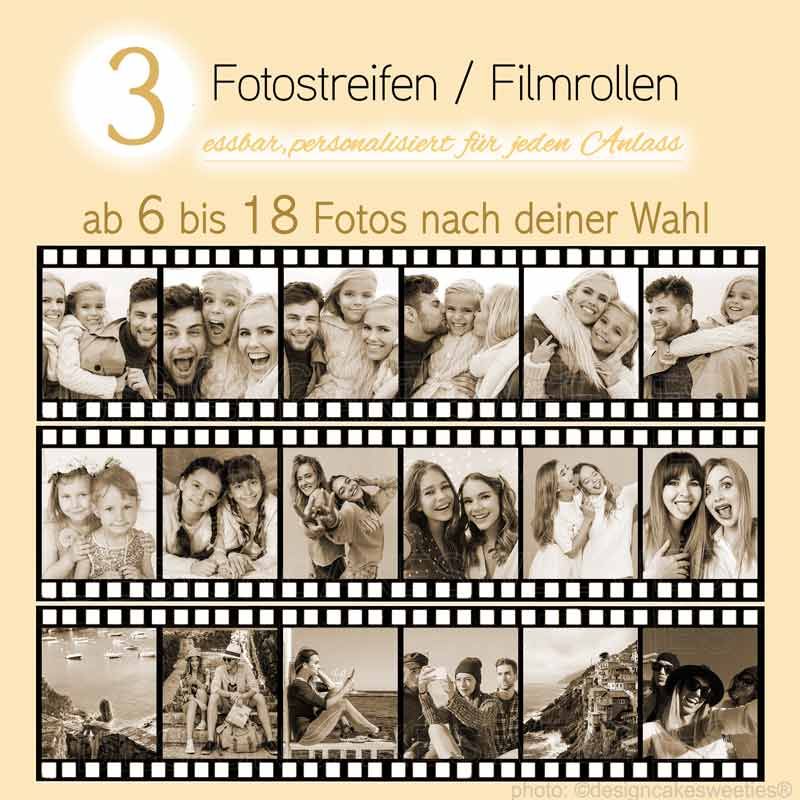 Essbare Filmstreifen Tortenband mit Fotos, Bildern personalisiert als Tortendeko Aufleger Fotostreifen, Tortenbilder sepia Optik