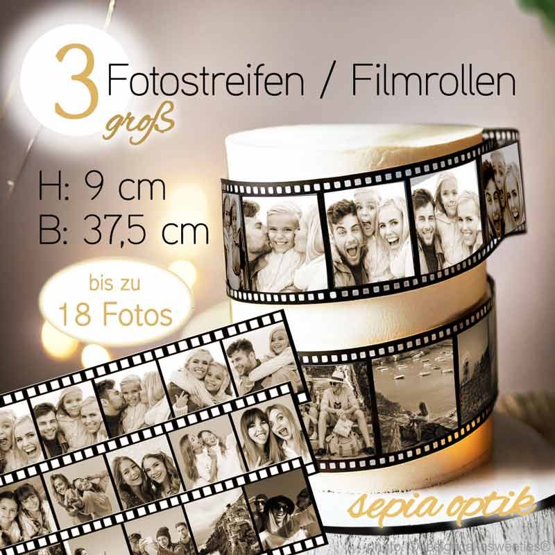 Essbare Filmstreifen Tortenband mit Fotos, Bildern personalisiert als Tortendeko Aufleger Fotostreifen, Bildstreifen sepia Optik groß