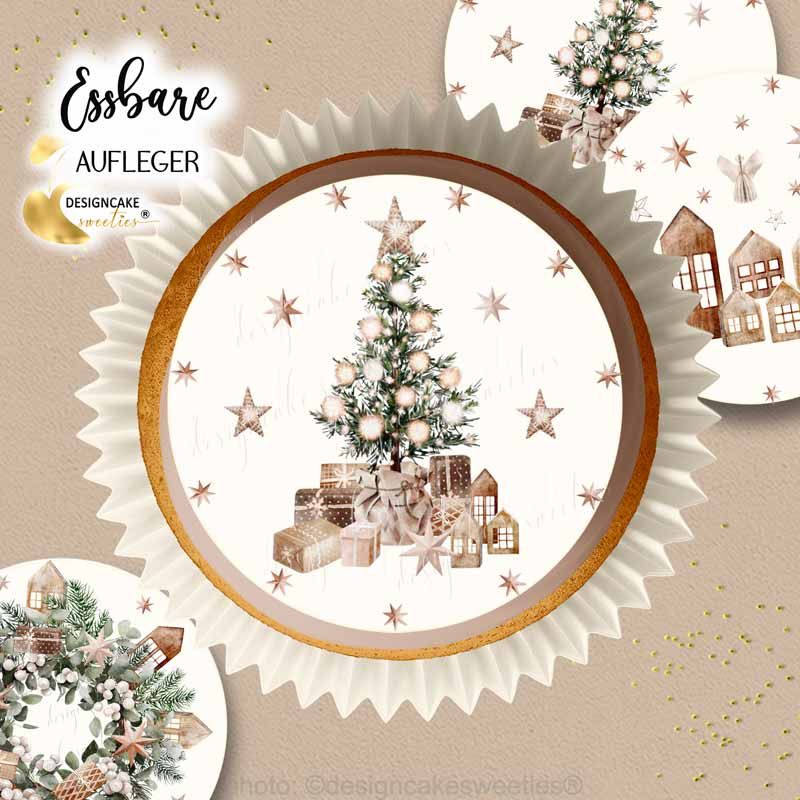 Essbare Cupcake Topper Weihnachtsbaum Kranz Häuser Beige Natur