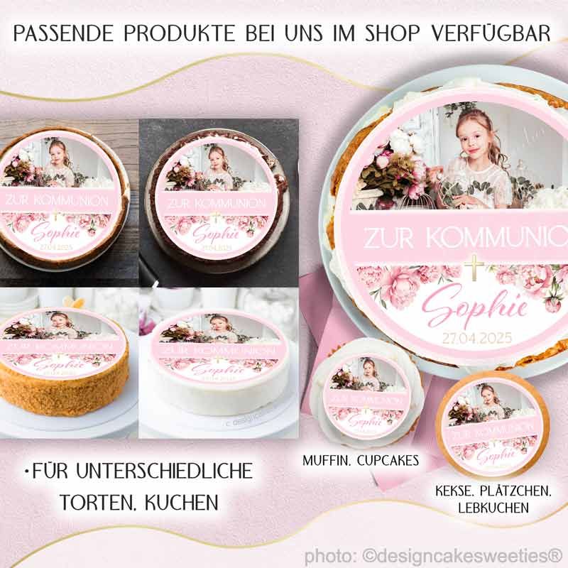 Tortenbild Kommunion Mädchen Pfingstrosen, Bild gestalten mit Personalisierung, geeignet für Schokolade, Fondant, Marzipan Torten als Tortenbild