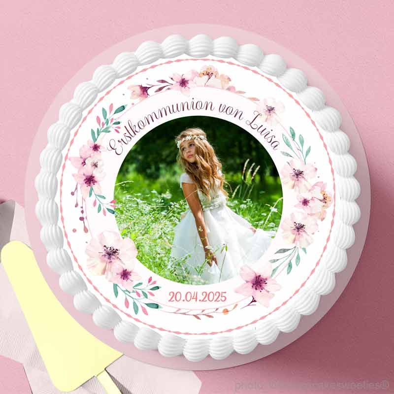 Essbare Tortendeko Kommunion Mädchen mit Blumen, Foto und eigener Personalisierung Fondant Marzipan Torte