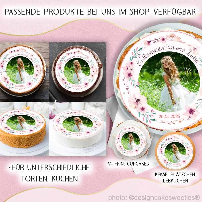 Tortenbild Kommunion Mädchen mit Blumen, Foto, Bohemian und Personalisierung, geeignet für Schokolade, Fondant, Marzipan Torten als Tortenbild