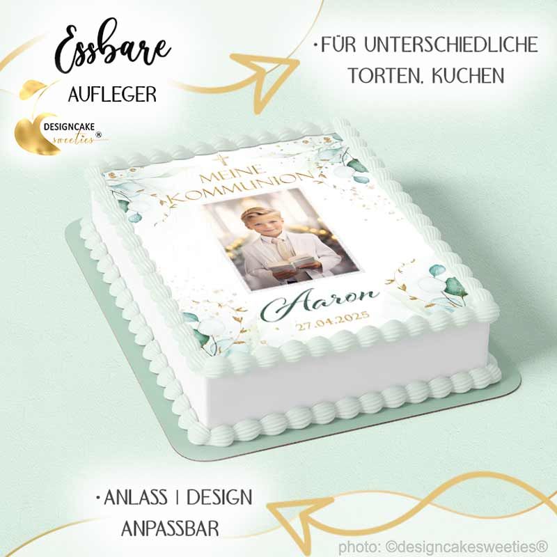 Tortenbild Kommunion Eukalyptus rechteckig mit Foto und Wunschtext, personalisiert, essbar auf dem Kuchen oder Torte