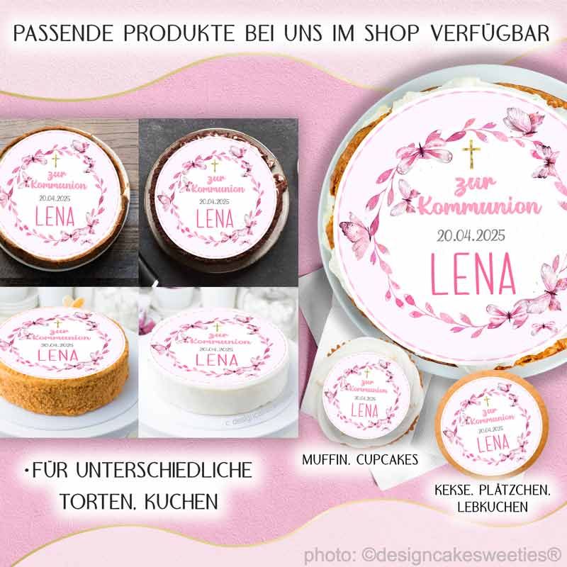 Tortenbild Kommunion Mädchen Schmetterlinge mit Personalisierung, geeignet für Schokolade, Fondant, Marzipan Torten als Tortenbild