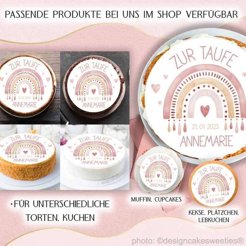 Tortenbild Taufe Mädchen Regenbogen Bohemian mit Herzen, mit Wunschtext als essbare Tortendeko, hochwertig für Tauftorte