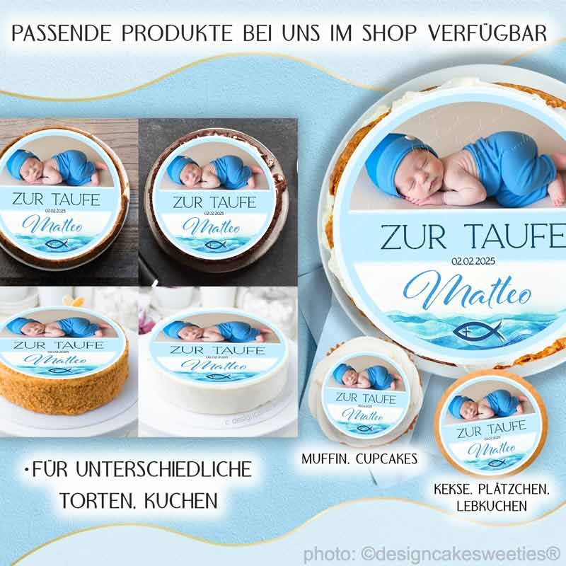 Tortenbild Taufe Junge mit Foto auf verschiedenen Untergründen gezeigt, mit Muffins und Keksen kombinierbar