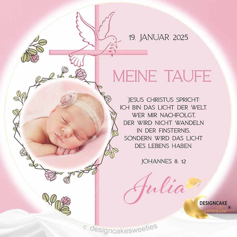 Tortenaufleger Taufe Foto Spruch Kreuz Taube Mädchen Tortenbild essbar, personalisiert mit Wunschtext, als Kuchendeko zur Taufe