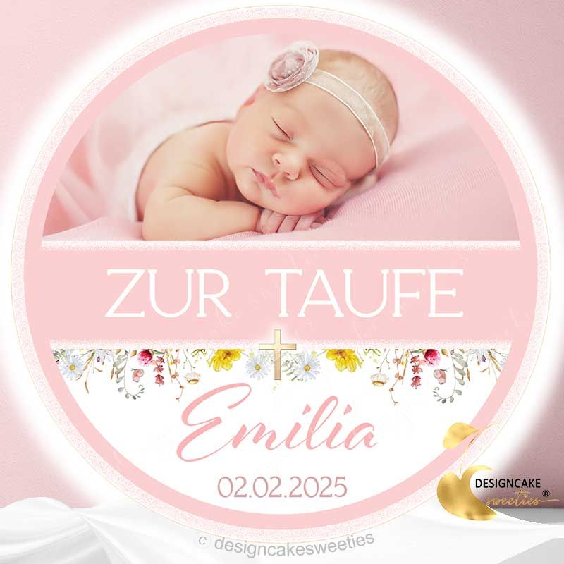 Tortenaufleger Taufe Foto Mädchen Tortenbild personalisiert rosa, mit Blumen und kleinem Kreuz, personalisiert nach Wunsch, in runder Form