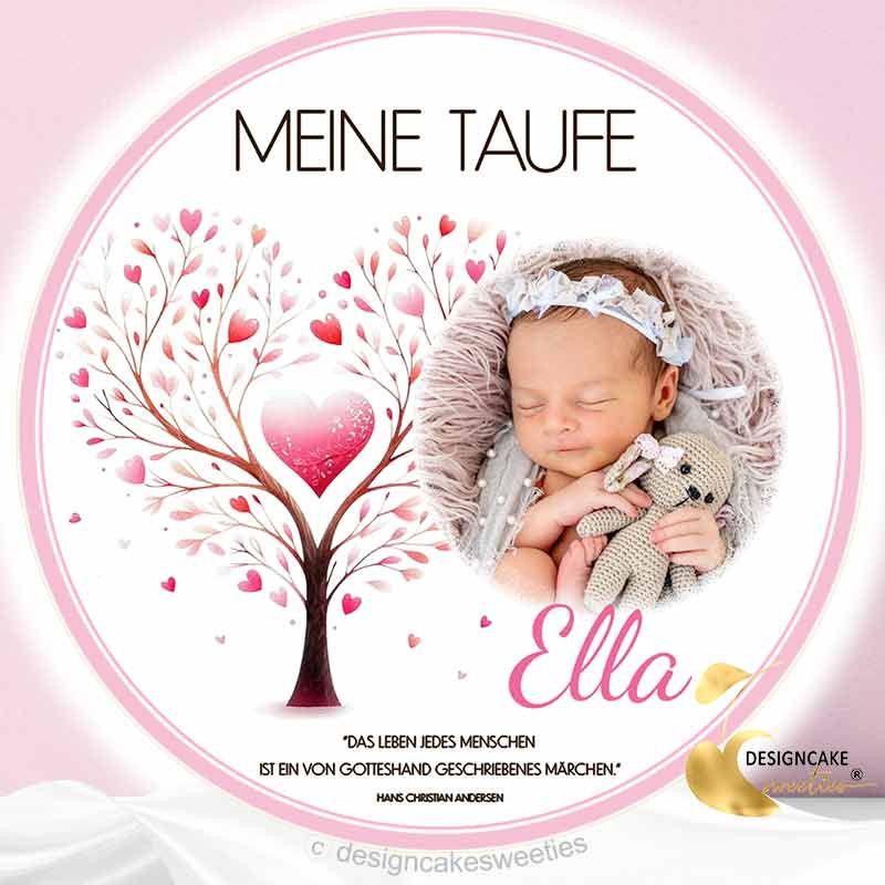 Tortenaufleger Taufe Lebensbaum rosa Mädchen mit Foto, Spruch essbar