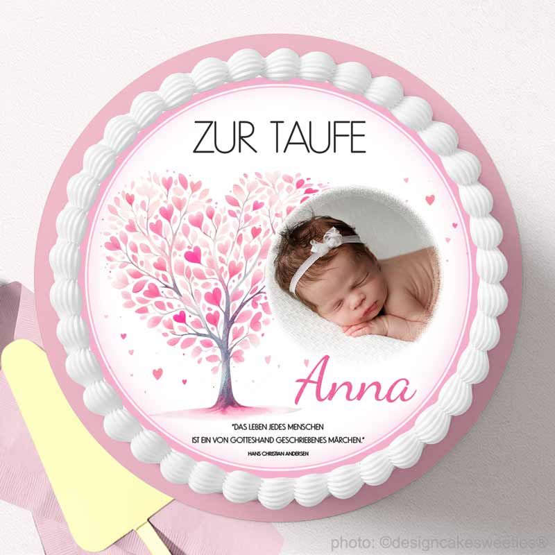 Essbare Tortendeko Taufe Lebensbaum mit Foto, Spruch und Herzen Design, Motiv für Taufkuchen