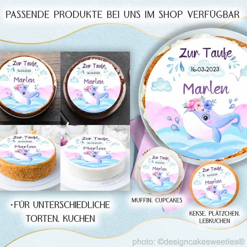 Tortenbild Taufe Wal personalisiert, für Mädchen, rosa-blaue Farbe, Wasser mit Wunschtext, essbar