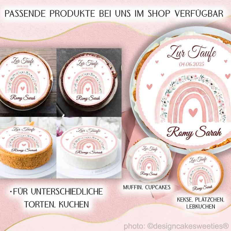 Tortenbild Taufe Mädchen Regenbogen Bohemian in Rosa, mit Wunschtext als essbare Tortendeko, hochwertig für Tauftorte