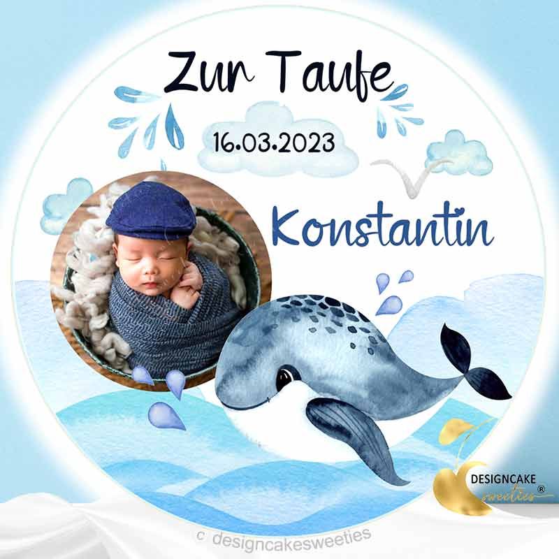 Tortenaufleger Taufe  Wal Foto für Jungen, in Blau, als essbare Tortendeko, personalisiert als Tortenbild