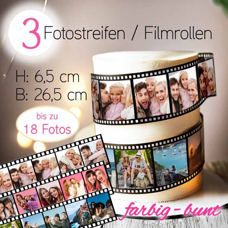 Essbare Filmstreifen Tortenband mit Fotos, Bildern personalisiert als Tortendeko Aufleger Fotostreifen, Bildstreifen