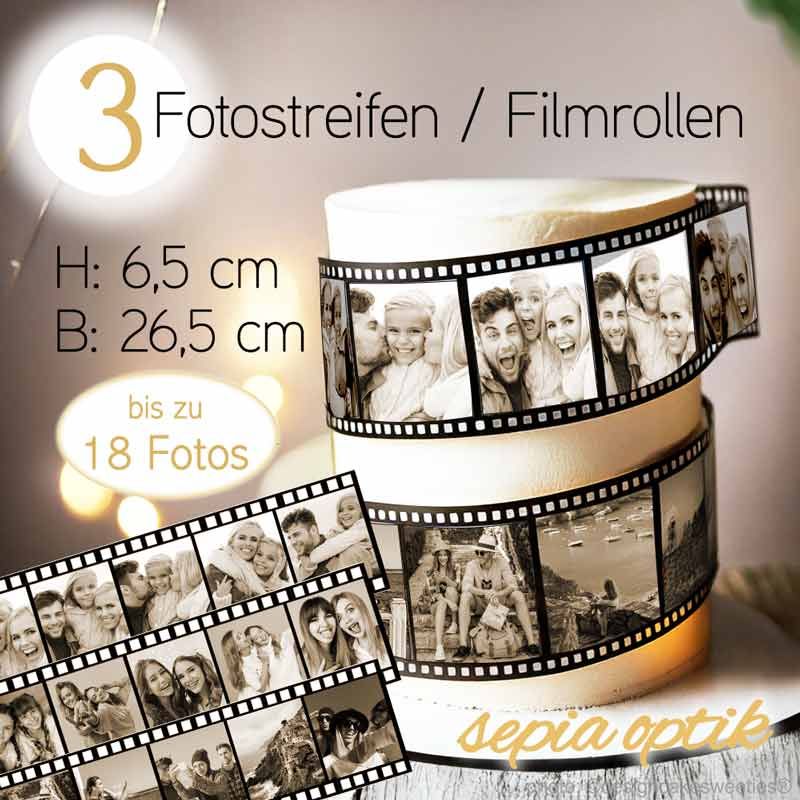 Essbare Filmstreifen Tortenband mit Fotos, Bildern personalisiert als Tortendeko Aufleger Fotostreifen, Bildstreifen sepia Optik