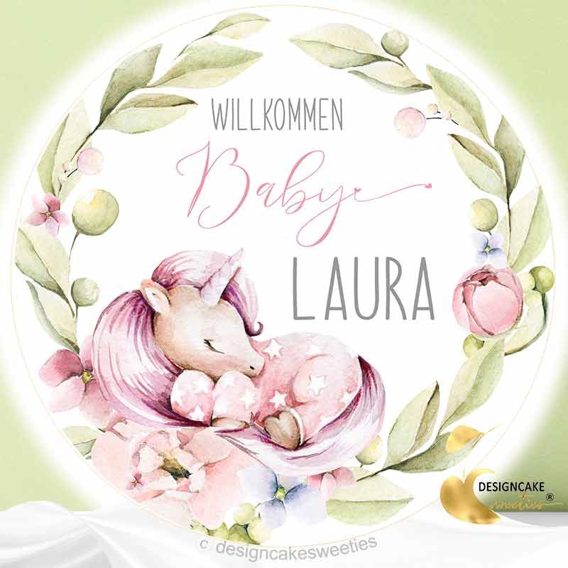 Tortenaufleger Babyparty Geburt Einhorn personalisiert Mädchen Wunschtext