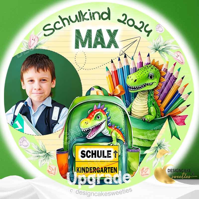 Tortenaufleger Einschulung Dino Schultasche und Schultüte mit Foto