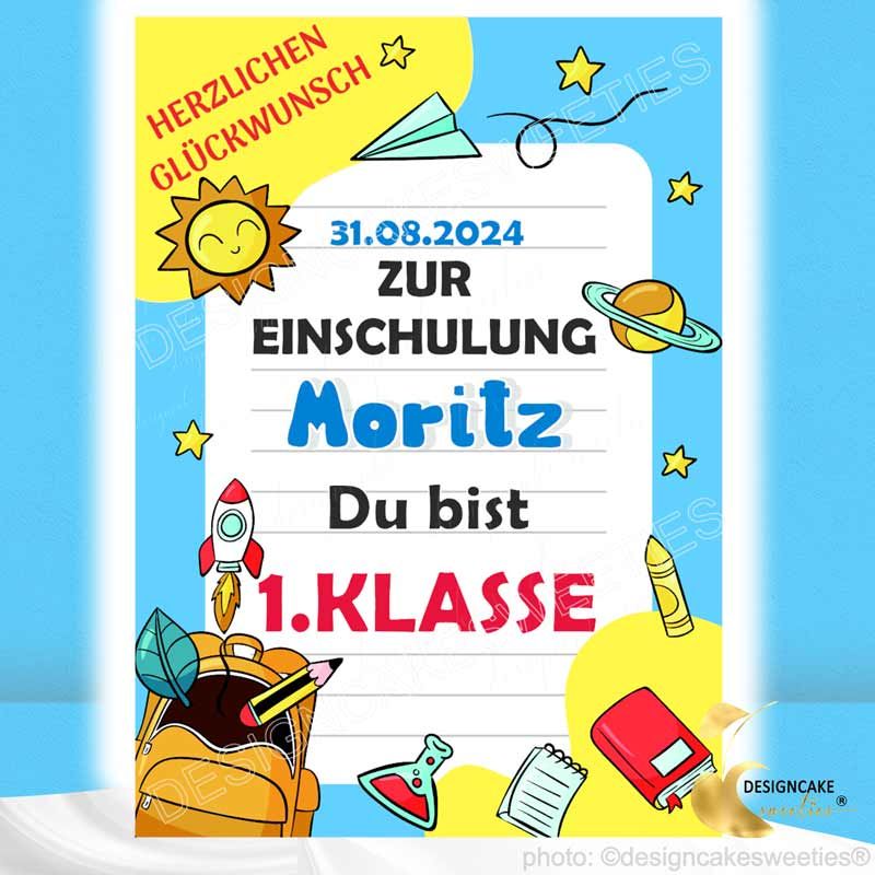 Tortenaufleger zur Einschulung personalisiert rechteckig Du bist 1.Klasse