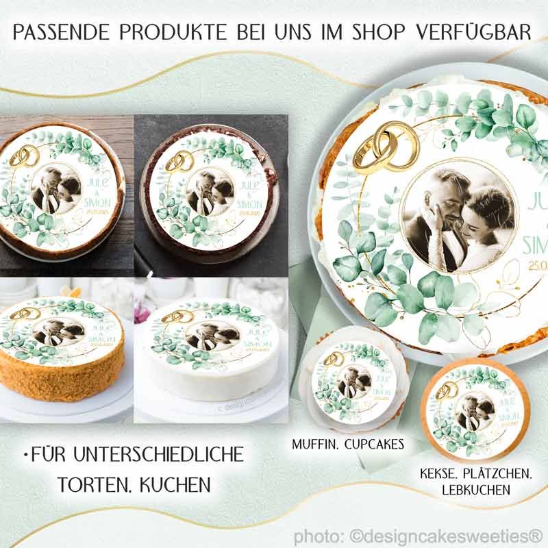 Tortenbild Hochzeit Eukalyptus Gold Ringe essbar, mit Foto oder Bild personalisiert, Tortendeko oder Kuchendeko