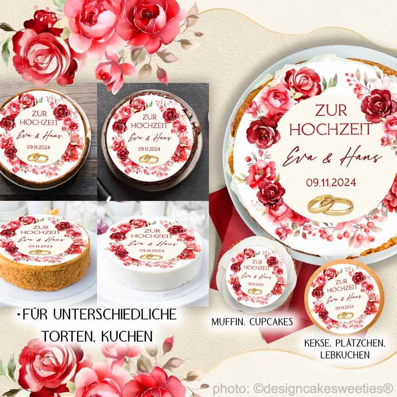 Tortenbild Hochzeit Aquarell Rosen rot Blumen