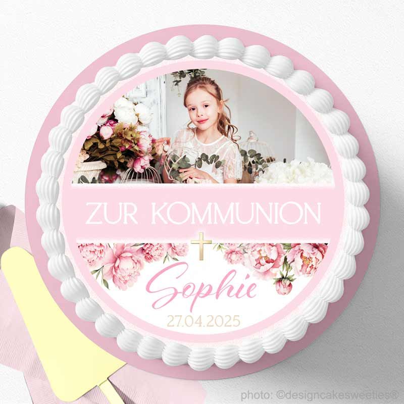 Essbare Tortendeko Kommunion Mädchen mit Bild gestalten online, Pfingstrosen Design und eigener Personalisierung Fondant Marzipan Torte