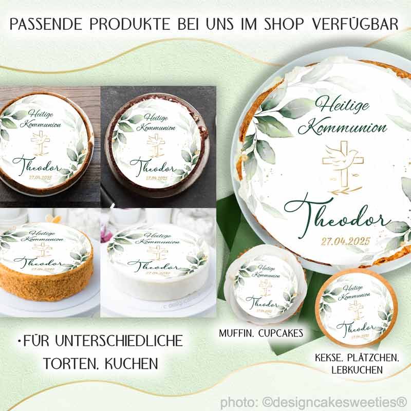 Tortendeko Kommunion Greenery essbar mit Wunschtext, individuell für Jungen oder Mädchen mit Kreuz und Taube