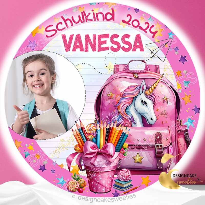 Tortenaufleger Einschulung Foto Mädchen mit Einhorn Motiv und Schultasche