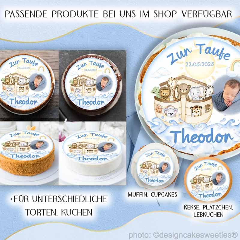 Essbare Tortendeko Taufe Arche Noah rund mit Wunschtext und Foto für Tauftorte als Dekoration selbst gestalten