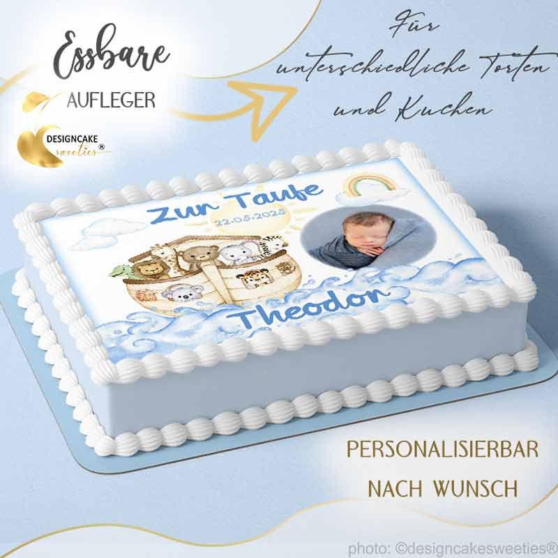 Tortenbild Taufe Arche Noah eckig mit Foto für Jungen für Tauforte personalisiert mit Wunschtext