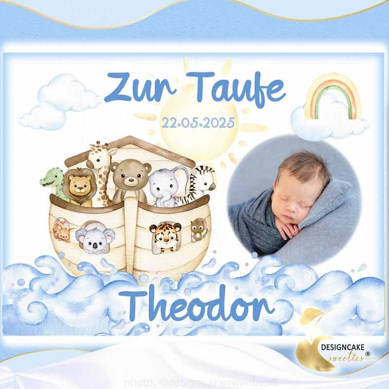 Tortenaufleger Taufe Arche Noah eckig für Tauftorte oder Kuchen, personalisiert für Jungen als essbare Tortendeko