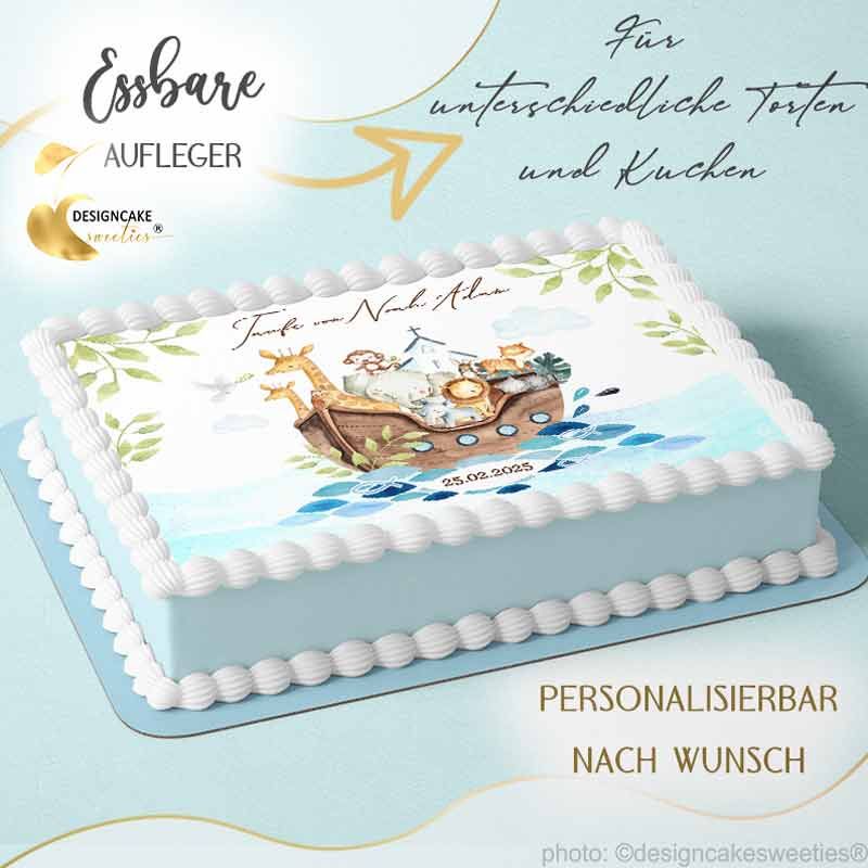 Tortenbild Taufe rechteckig Arche Noah Safari Tiere, Tauftorte Tortendeko essbar