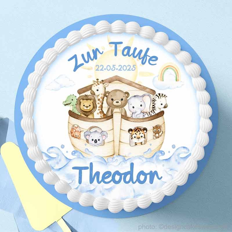 Tortenbild Taufe Junge Arche Noah Tiere für Tauftorte, Taufkuchen als essbare Auflage