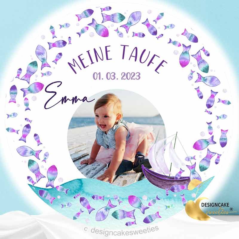 Tortenaufleger Taufe Foto Fische personalisiert, für Mädchen, lila Farbe mit Wunschtext, Tortenbild Tortendeko essbar für Fondant, Sahne, Marzipan, Schoko Torten oder Kuchen