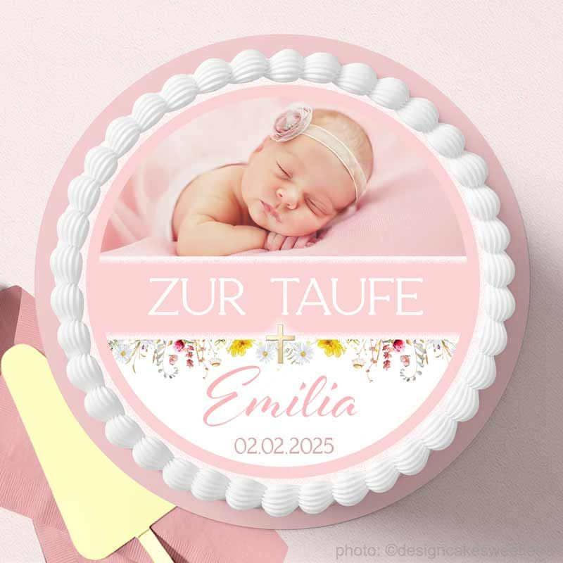 Essbare Tortendeko Taufe Foto Mädchen Tortenbild personalisiert rosa, mit Blumen und kleinem Kreuz, personalisiert nach Wunsch