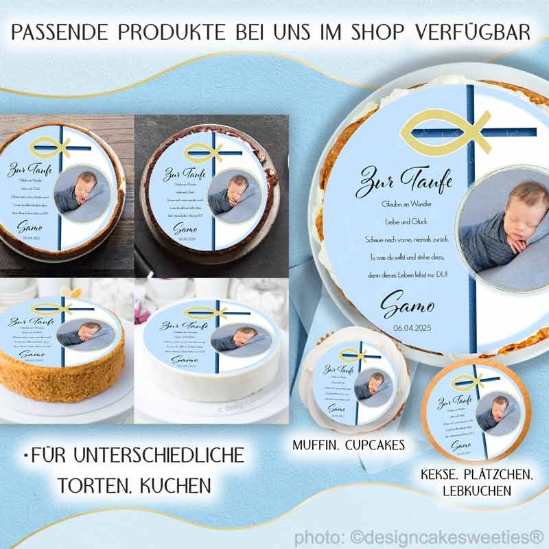 Tortenbild Taufe Junge Fisch, Kreuz Symbol mit Foto und Spruch für Jungen in blauen Farbton