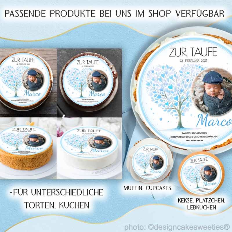 Tortenbild Taufe Junge Lebensbaum mit Foto Tauftorte Tortendeko essbar, hochwertig, Tortentopper für Taufkuchen