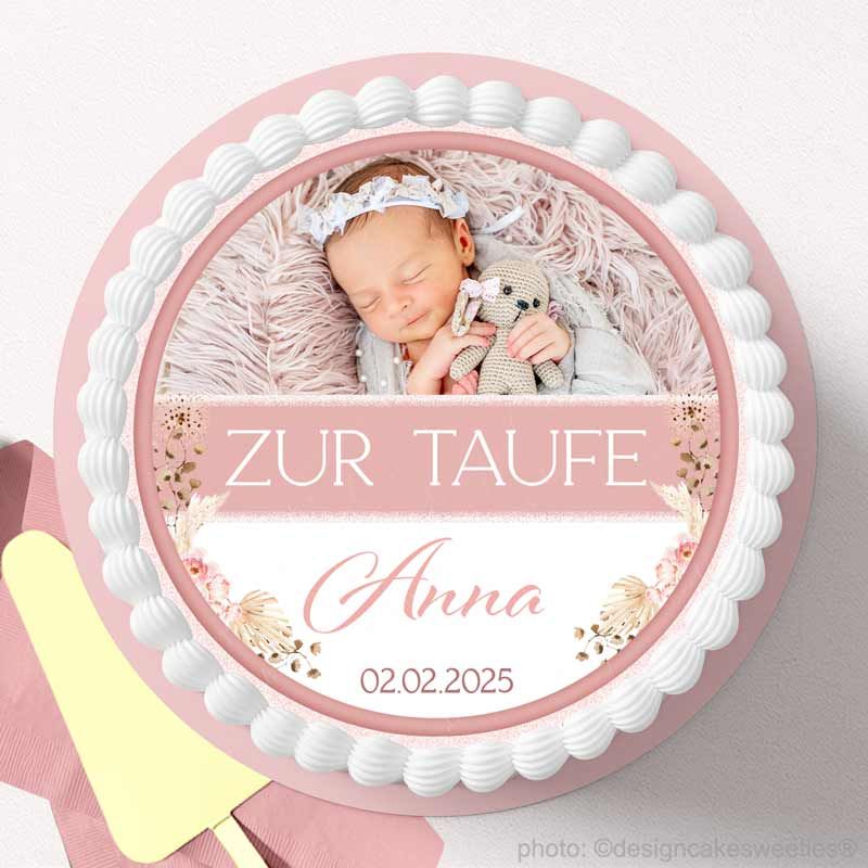 Tortenbild Taufe Mädchen mit einem Foto personalisiert, Boho Blumen  für Taufkuchen, Tauftorte