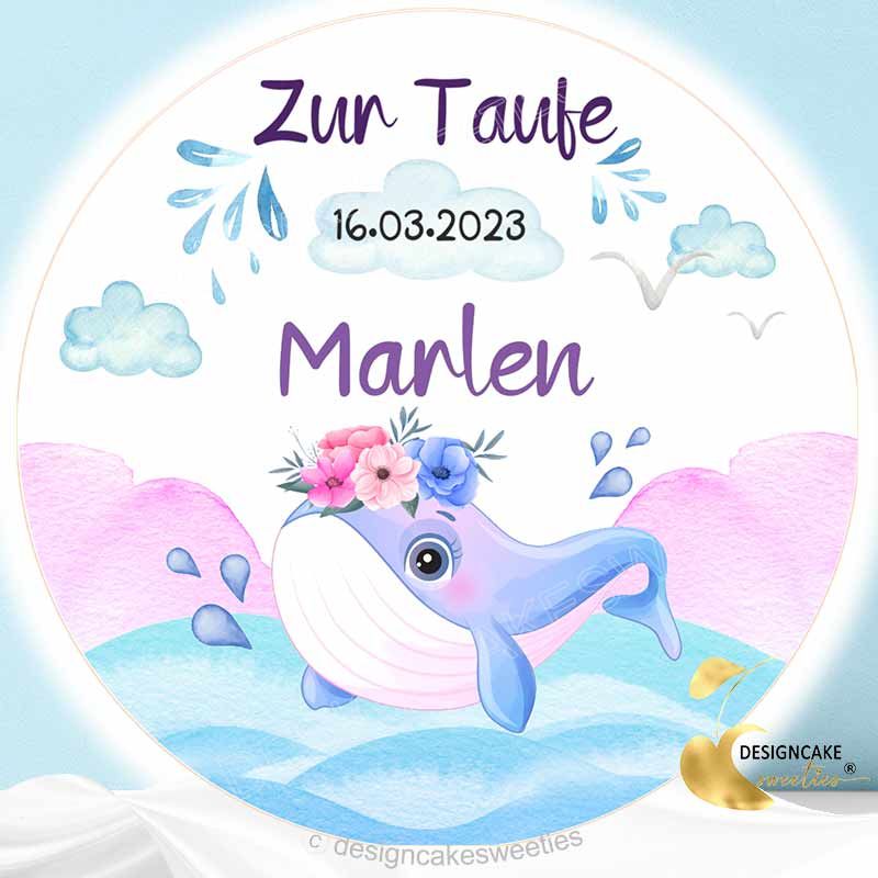 Tortenaufleger Taufe Wal personalisiert, für Mädchen, rosa-blaue Farbe, Wasser mit Wunschtext, Tortenbild essbar