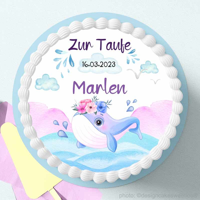 Essbare Tortendeko Taufe Wal Fisch für Mädchen, essbare Tortendeko Fondant Torte, Marzipan, Schoko, Sahnetorte