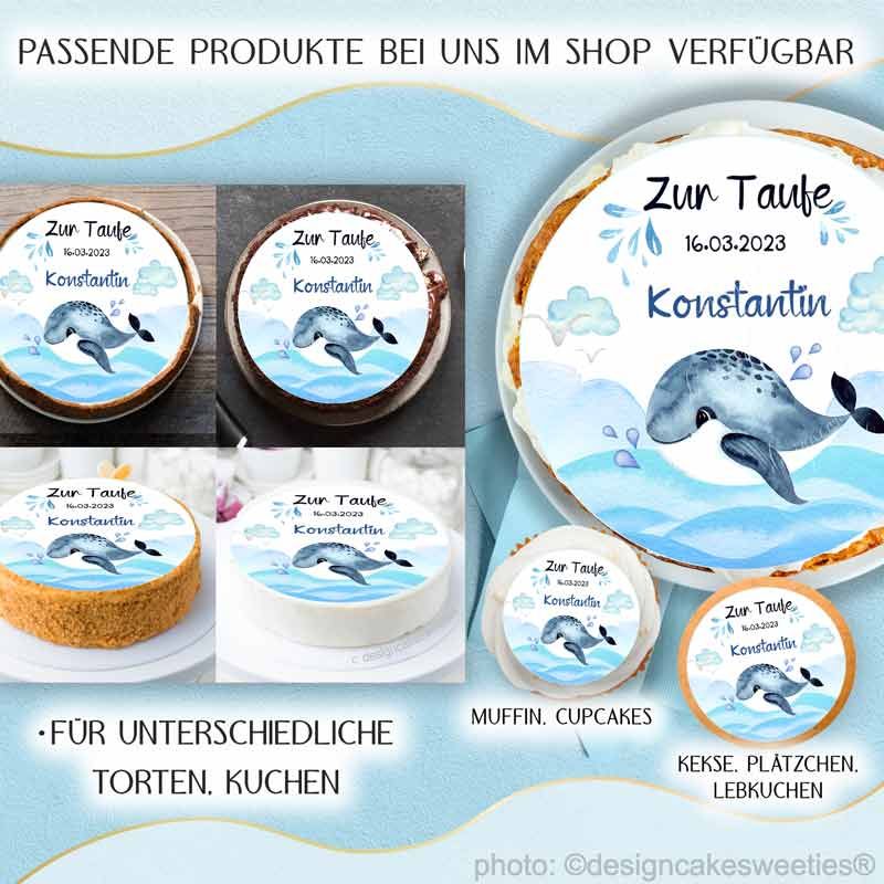 Tortenbild Taufe Junge Wal, abgebildet mit Muffins und Keksen als Option für Set Produkte