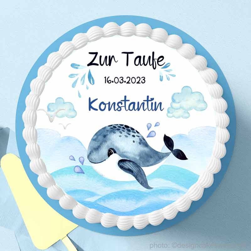 Essbare Tortendeko Taufe Wal Fisch für Jungen auf der Tauftorte, mit einem Wunschtext